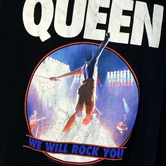 Queen Graphic Tee Black with Blue Short Sleeve Crew Neck Cotton L We Will Rock Y - Picture 3 of 8